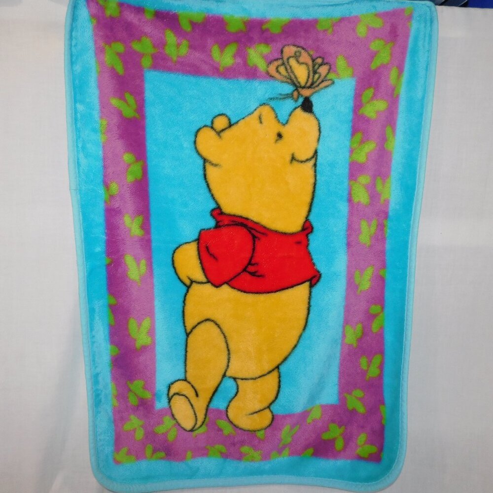 VTG Disney Winnie the Pooh Butterfly Blue Purple Plush Fleece Blanket 31" x 43"